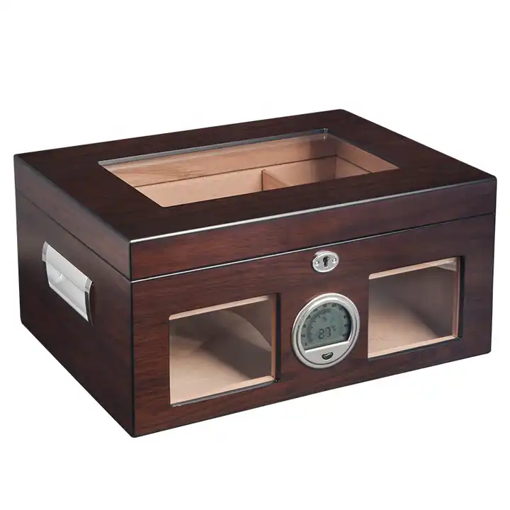 Luxury Customized Cigar Box New Glass Top Window Desktop Spanish Cedar Wooden Black Walnut Cigar Humidor